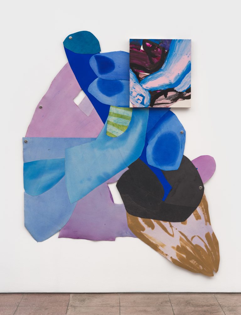 Parts-work, 2025, oil on canvas and Flashe, pigment and dye on cut canvas, 81 x 64 inches