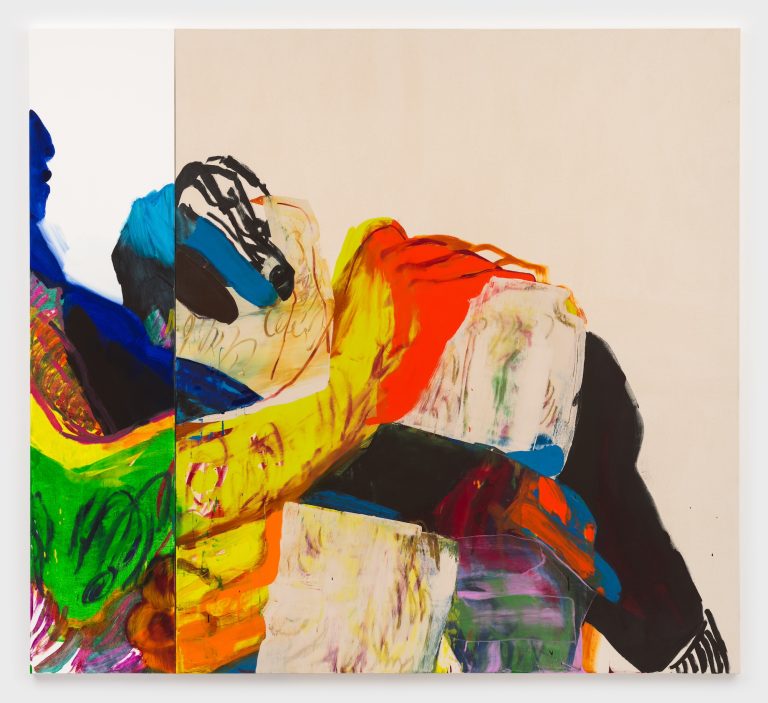 Sub rosa, 2025, oil on canvas in two parts, 80 x 88 inches, left panel = 80 x 18 inches, right panel = 80 x 70 inches
